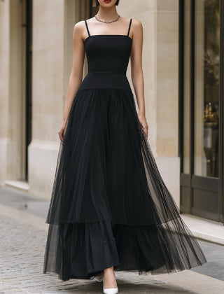 Elegant black tiered tulle maxi dress by Christine Brewer, featuring flowing layers and a sophisticated design.