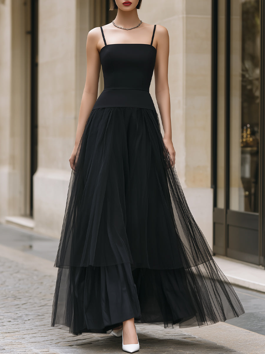 Elegant black tiered tulle maxi dress by Christine Brewer, featuring flowing layers and a sophisticated design.