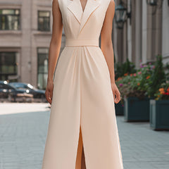 Beige sleeveless midi dress with lapel collar by Christine Brewer, perfect for summer business occasions.