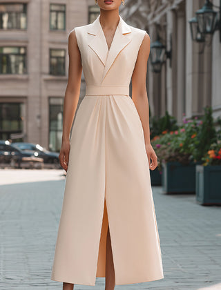 Beige sleeveless midi dress with lapel collar by Christine Brewer, perfect for summer business occasions.