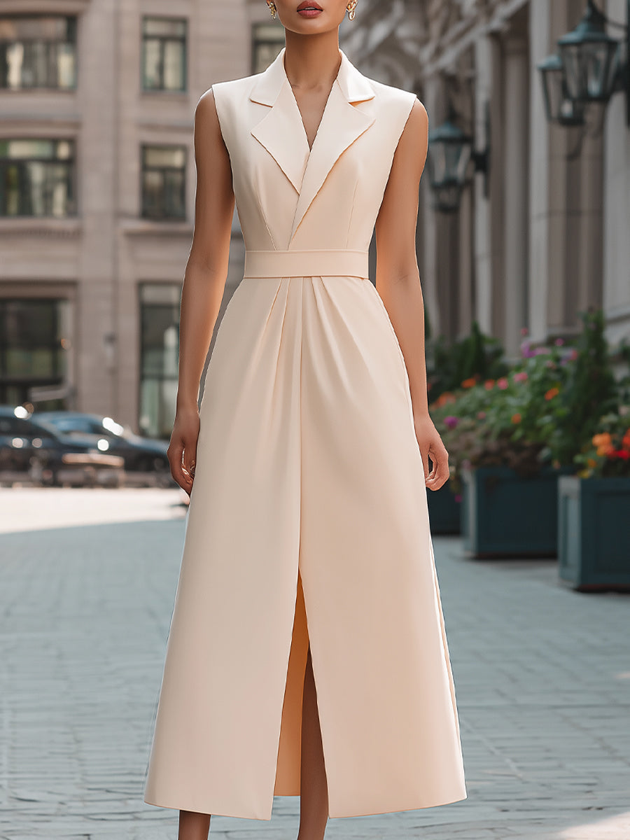 Beige sleeveless midi dress with lapel collar by Christine Brewer, perfect for summer business occasions.