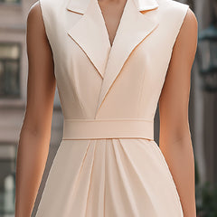 Beige sleeveless midi dress with lapel collar by Christine Brewer, perfect for summer business occasions.