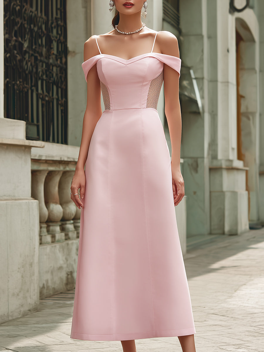 Elegant pink off-the-shoulder maxi dress by Christine Brewer featuring flowing fabric, perfect for wedding guest attire.