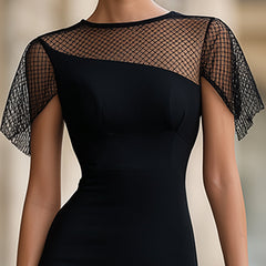 Sheer mesh panel fitted midi dress by Christine Brewer, showcasing a form-fitting silhouette with transparent mesh details.
