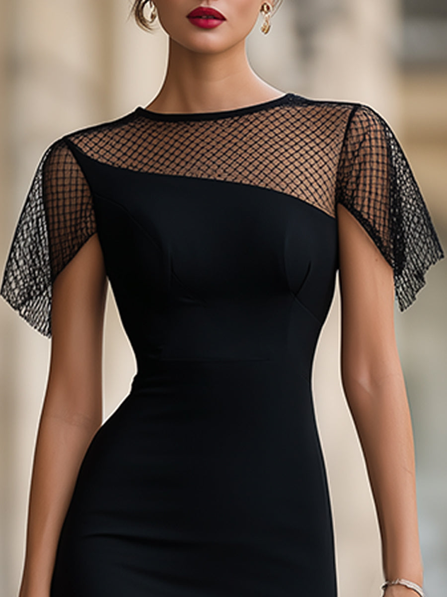 Sheer mesh panel fitted midi dress by Christine Brewer, showcasing a form-fitting silhouette with transparent mesh details.