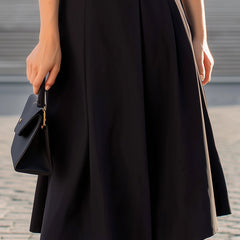 Black scalloped-edge V-neck sleeveless fit-and-flare midi dress by Christine Brewer, featuring a stylish scalloped neckline and flared skirt.