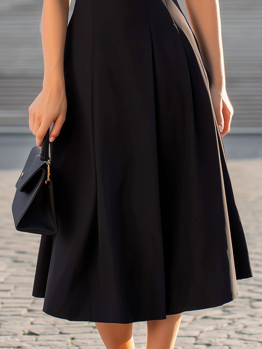 Black scalloped-edge V-neck sleeveless fit-and-flare midi dress by Christine Brewer, featuring a stylish scalloped neckline and flared skirt.