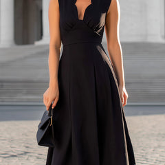 Black scalloped edge V-neck sleeveless fit-and-flare midi dress by Christine Brewer, shown with flared skirt and scalloped neckline.
