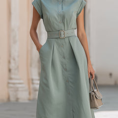 Elegant stand collar belted button-down midi shirt dress by Christine Brewer, shown with a structured silhouette and classic design.
