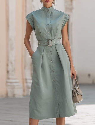 Elegant stand collar belted button-down midi shirt dress by Christine Brewer, shown with a structured silhouette and classic design.