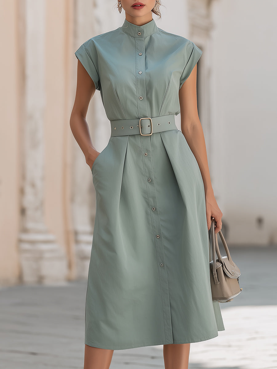 Elegant stand collar belted button-down midi shirt dress by Christine Brewer, shown with a structured silhouette and classic design.