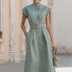 Elegant Christine Brewer midi dress with stand collar, belted waist, and button-down front, perfect for stylish occasions.