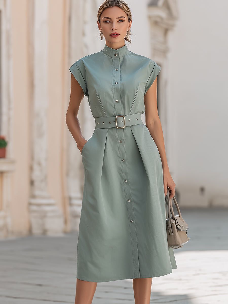 Elegant Christine Brewer midi dress with stand collar, belted waist, and button-down front, perfect for stylish occasions.