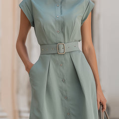 Elegant Christine Brewer midi shirt dress with stand collar, belted waist, and button-down front, perfect for sophisticated style.