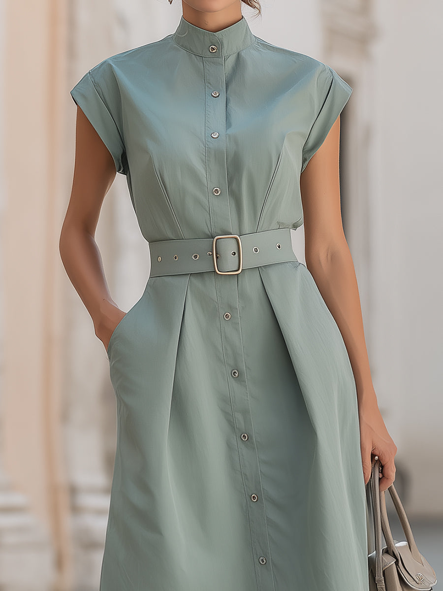 Elegant Christine Brewer midi shirt dress with stand collar, belted waist, and button-down front, perfect for sophisticated style.