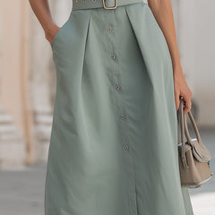 Elegant Christine Brewer midi shirt dress with stand collar, belted waist, and button-down front, suitable for stylish daytime wear.