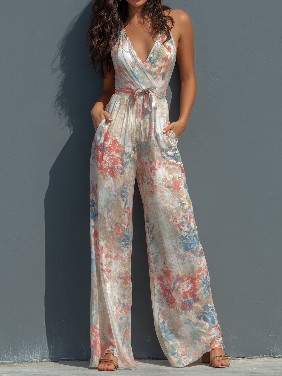 White floral satin halter neck jumpsuit with wrap front and wide-leg pants for women, by Christine Brewer.