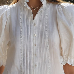 White linen puff sleeve two-piece co-ord set for women featuring stylish pants, designed by Christine Brewer.