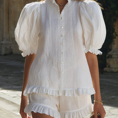 White linen puff sleeve two-piece co-ord pants set for women by Christine Brewer, featuring a stylish matching top and pants.