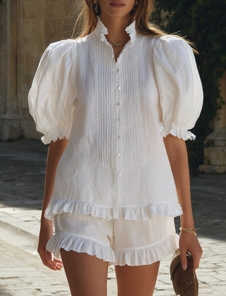 White linen puff sleeve two-piece co-ord pants set for women by Christine Brewer, featuring a stylish matching top and pants.