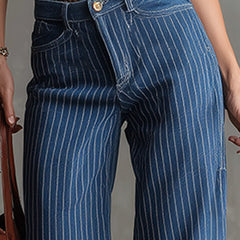 Blue striped straight-leg jeans for women by Christine Brewer, featuring a casual fit and classic denim style.