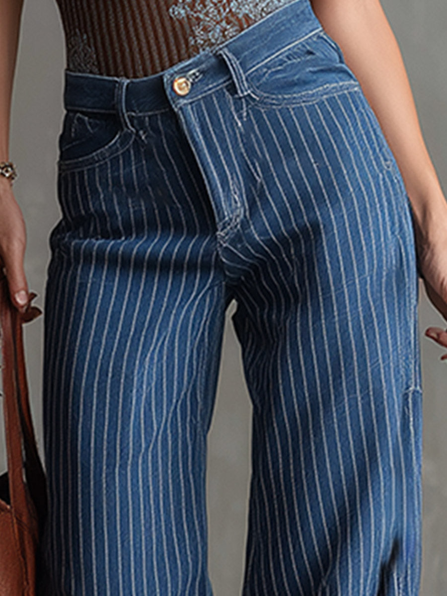 Blue striped straight-leg jeans for women by Christine Brewer, featuring a casual fit and classic denim style.
