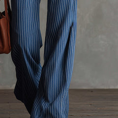 Blue striped straight-leg jeans for women by Christine Brewer, casual pants with a classic fit and stylish pattern.