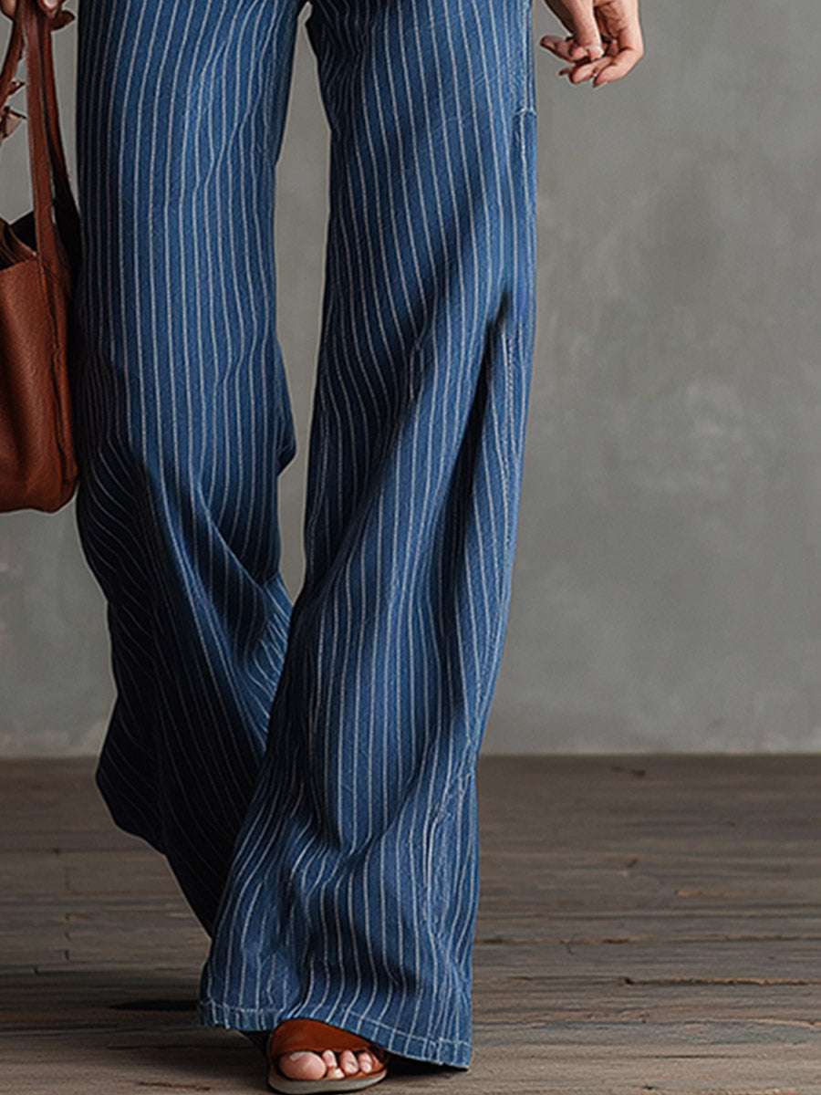Blue striped straight-leg jeans for women by Christine Brewer, casual pants with a classic fit and stylish pattern.