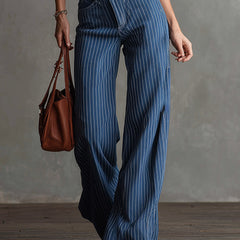 Blue striped straight-leg women's jeans by Christine Brewer, casual pants with a relaxed fit and classic design.