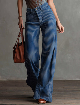 Blue striped straight-leg women's jeans by Christine Brewer, casual pants with a relaxed fit and classic design.