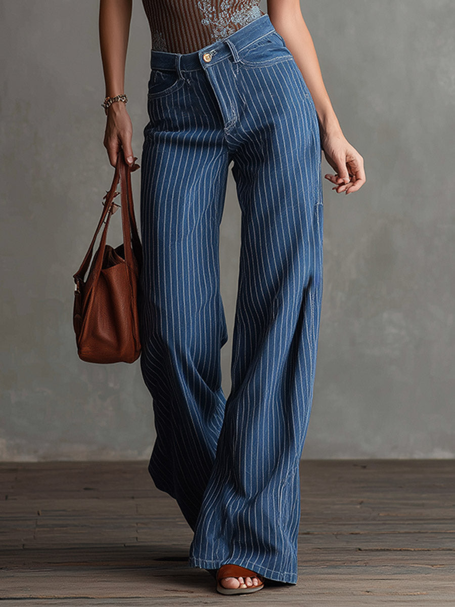 Blue striped straight-leg women's jeans by Christine Brewer, casual pants with a relaxed fit and classic design.