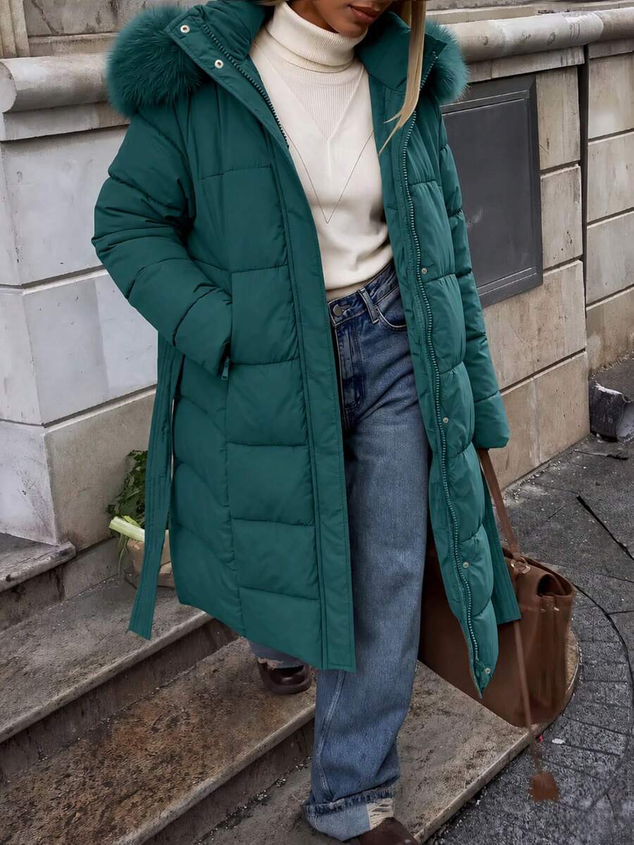 Hilary | Faux Fur Belted Hooded Puffer Coat for Women