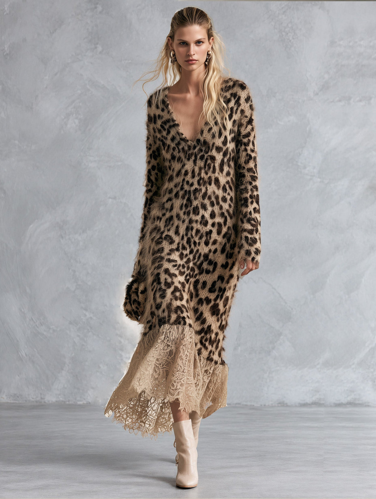Marina | Brown Lace V-Neck Sweater Dress for Women