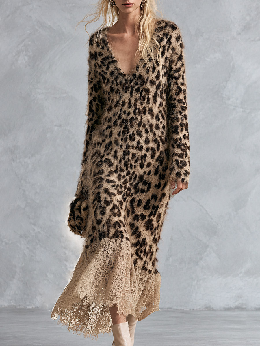 Marina | Brown Lace V-Neck Sweater Dress for Women