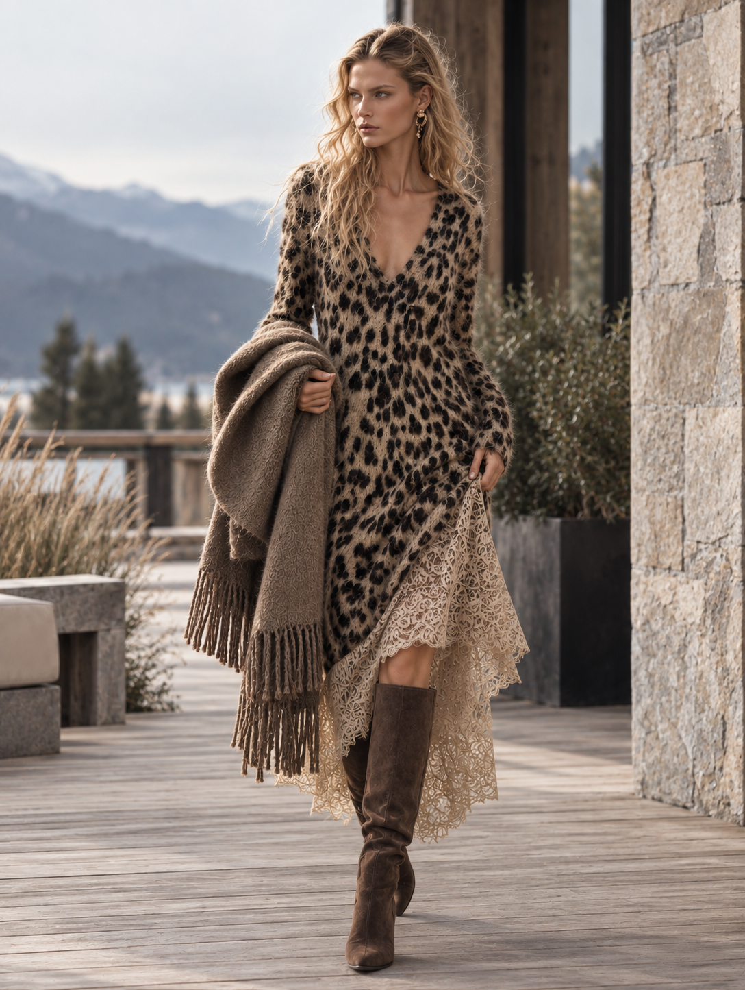 Marina | Brown Lace V-Neck Sweater Dress for Women