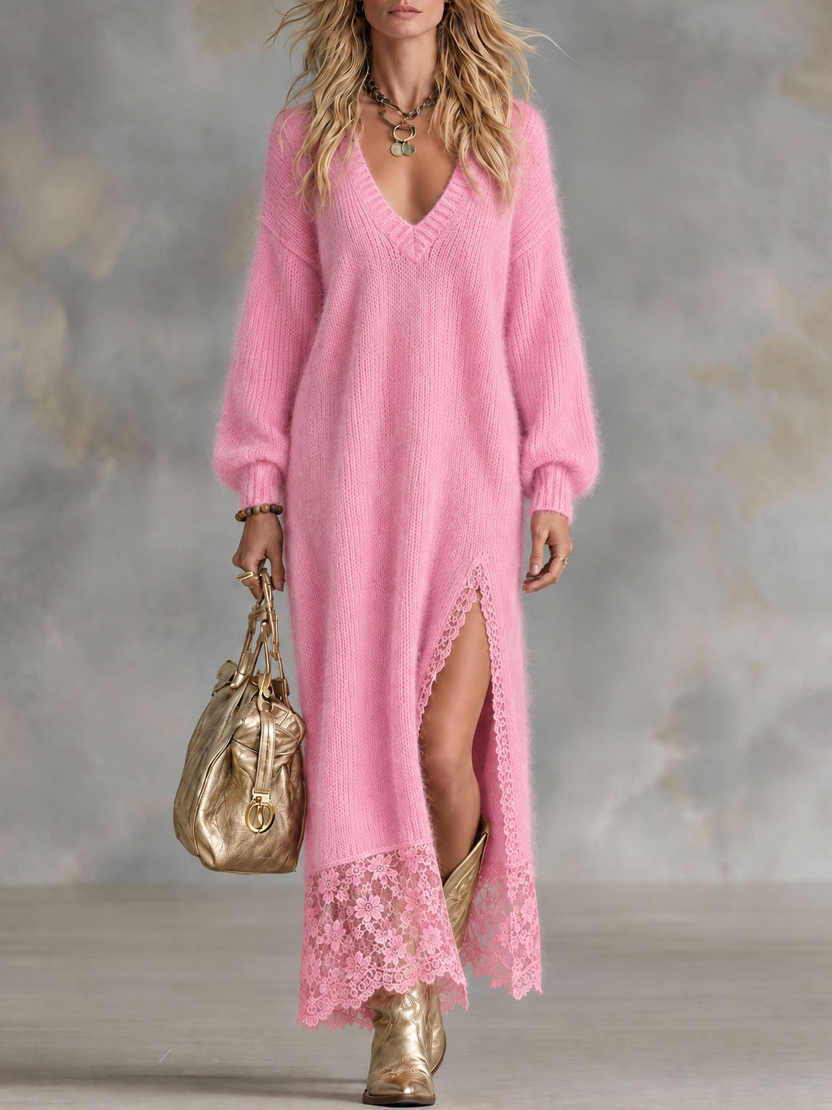 Temperance | Pink Mohair V-Neck Sweater Dress for Women