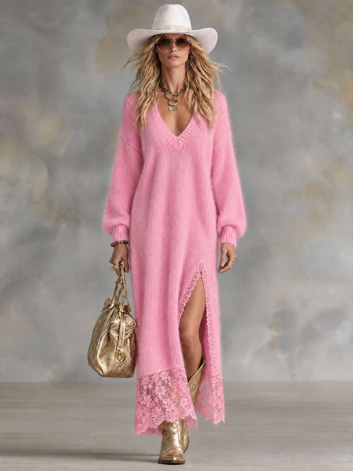 Temperance | Pink Mohair V-Neck Sweater Dress for Women