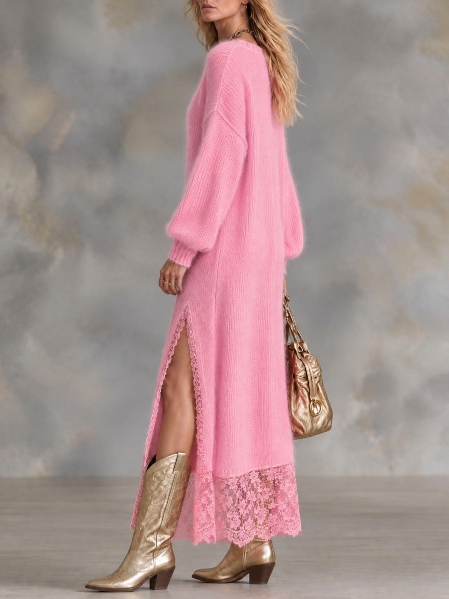 Temperance | Pink Mohair V-Neck Sweater Dress for Women