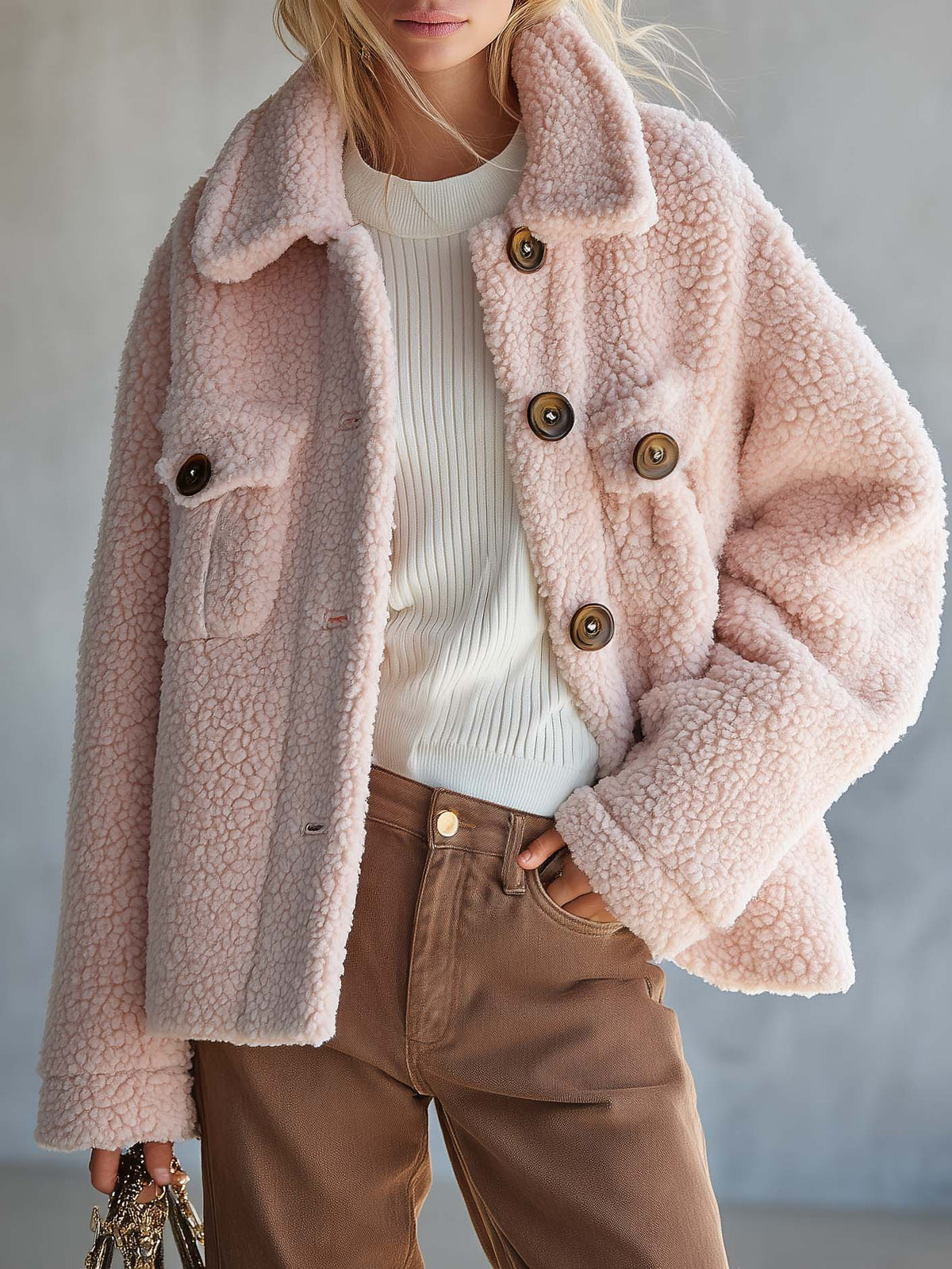Frederica | Pink Sherpa-Lined Button-Front Teddy Coat for Women