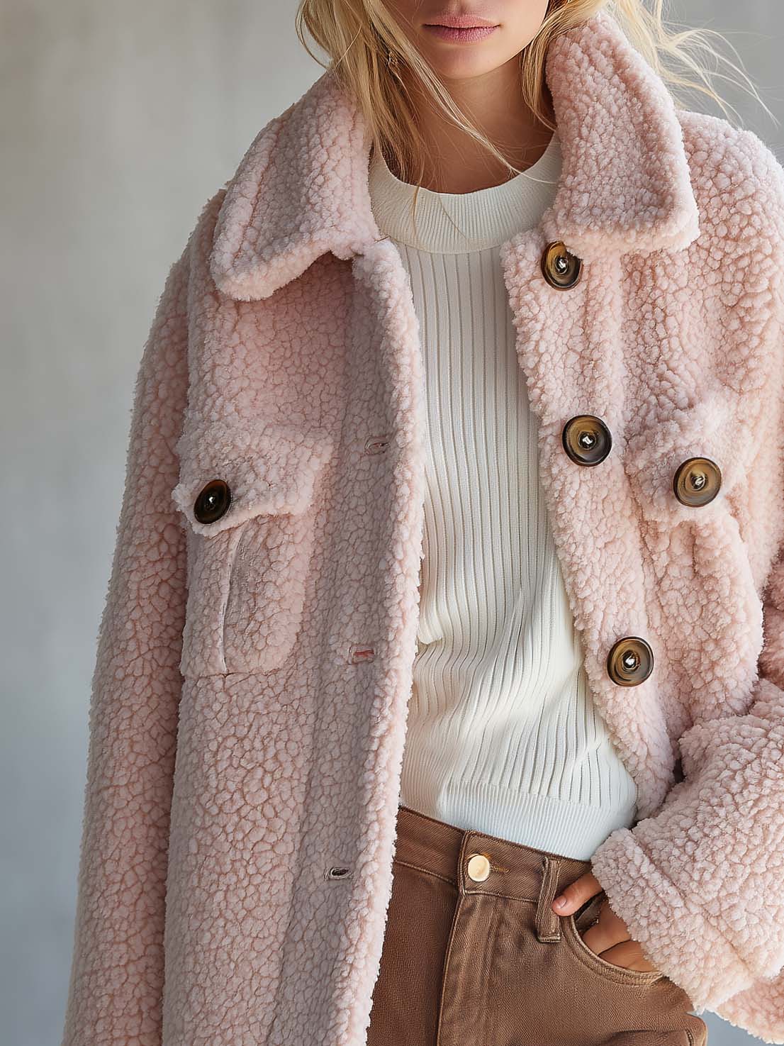 Frederica | Pink Sherpa-Lined Button-Front Teddy Coat for Women