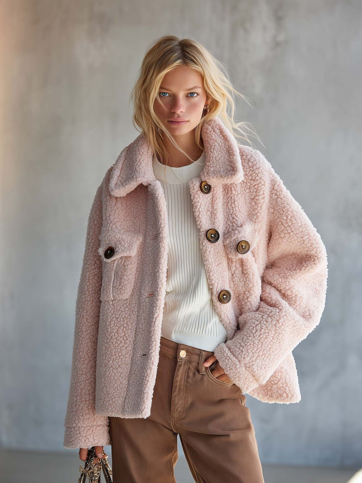 Frederica | Pink Sherpa-Lined Button-Front Teddy Coat for Women