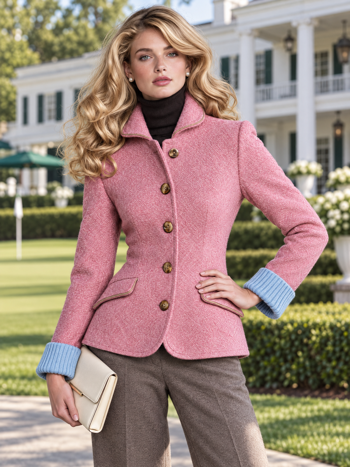 Zora | Pink Wool-Blend Herringbone Blazer for Women