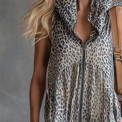 Apricot leopard print hooded chiffon jumpsuit for women by Christine Brewer, featuring stylish pants with a relaxed fit.
