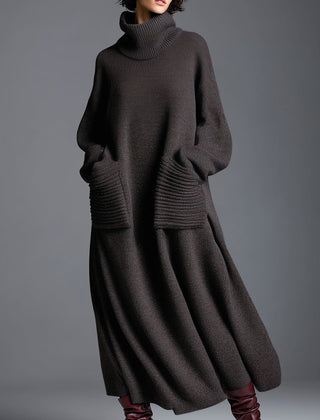 Brown knit maxi dress for women by Christine Brewer, featuring a flowing, cozy design and long sleeves.