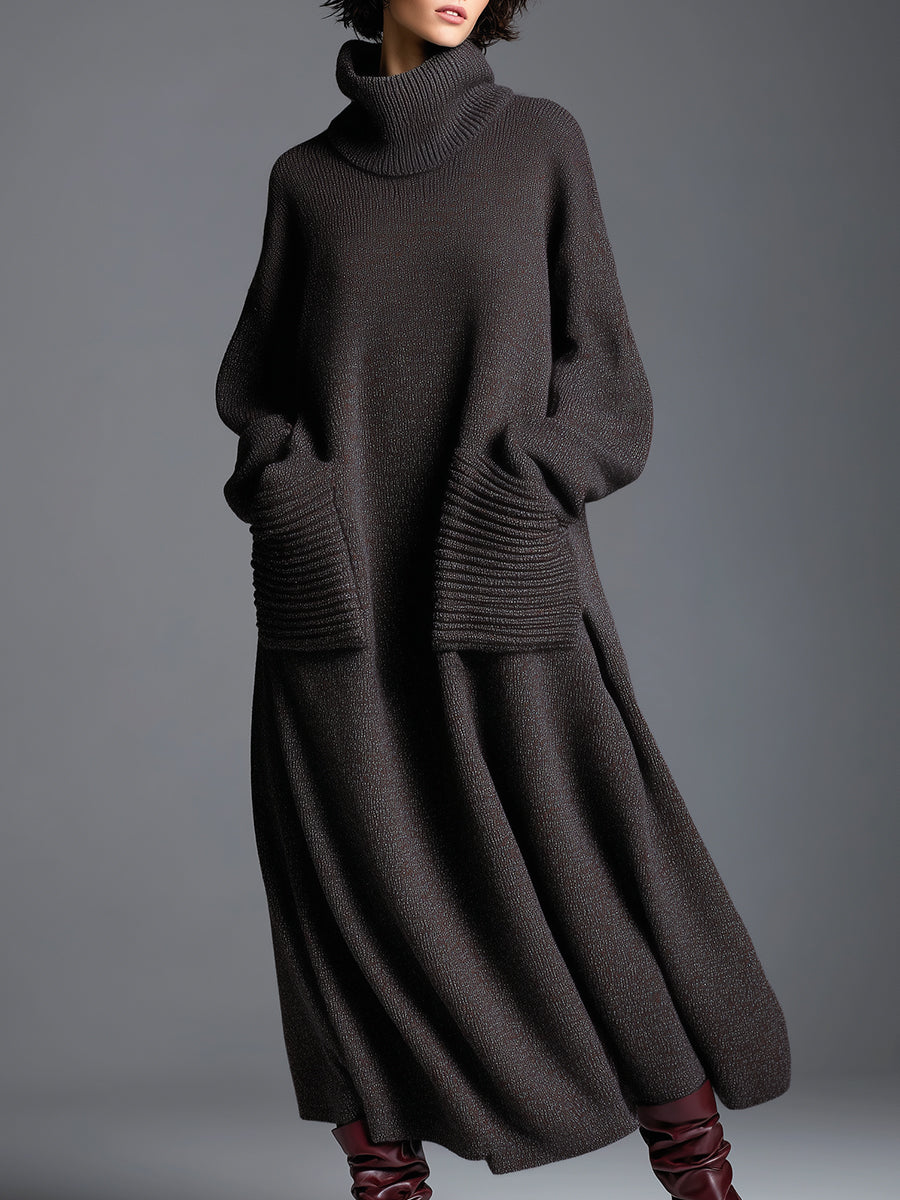 Brown knit maxi dress for women by Christine Brewer, featuring a flowing, cozy design and long sleeves.