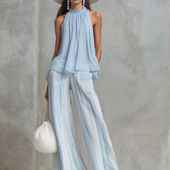 Light blue striped chiffon wide-leg pants for women, stylish and flowy, from Christine Brewer, featuring a relaxed fit and lightweight fabric.