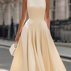 Cream sleeveless turtleneck pleated midi dress for women by Christine Brewer, showcasing a stylish and elegant dress design.
