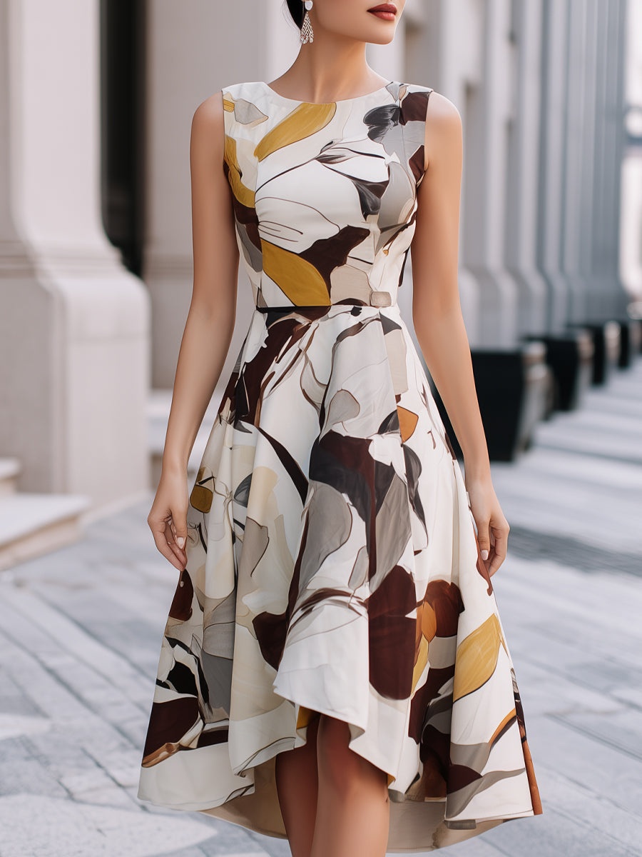Abstract floral sleeveless fit and flare midi dress by Christine Brewer, featuring a vibrant floral pattern and a flattering silhouette.