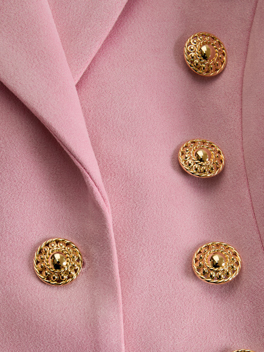 Pink faux suede and fur blazer with multi-button lapel, stylish jacket by Christine Brewer, featuring a chic, textured design.