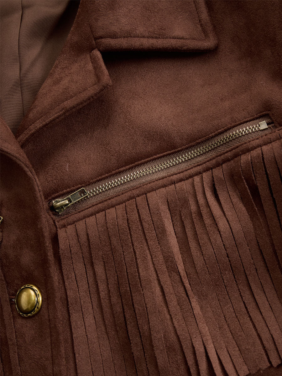 Brown suede Western tassel zip-up jacket by Christine Brewer, showing the front view with tassel details and zipper closure.